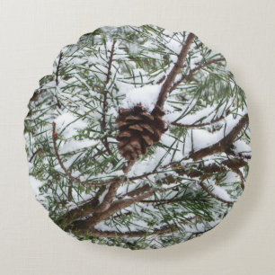 Snowy Pine Cone II Winter Nature Photography Round Cushion