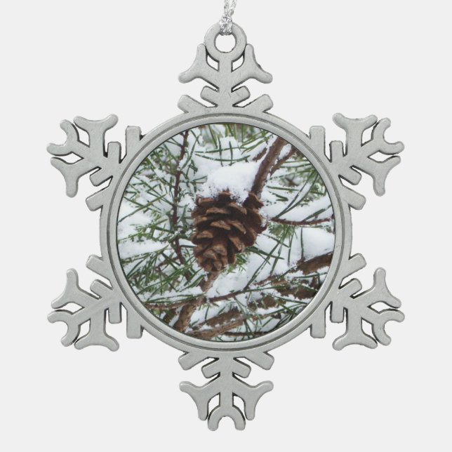 Snowy Pine Cone II Winter Nature Photography Snowflake Pewter Christmas Ornament (Front)