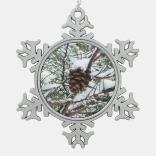 Snowy Pine Cone II Winter Nature Photography Snowflake Pewter Christmas Ornament
