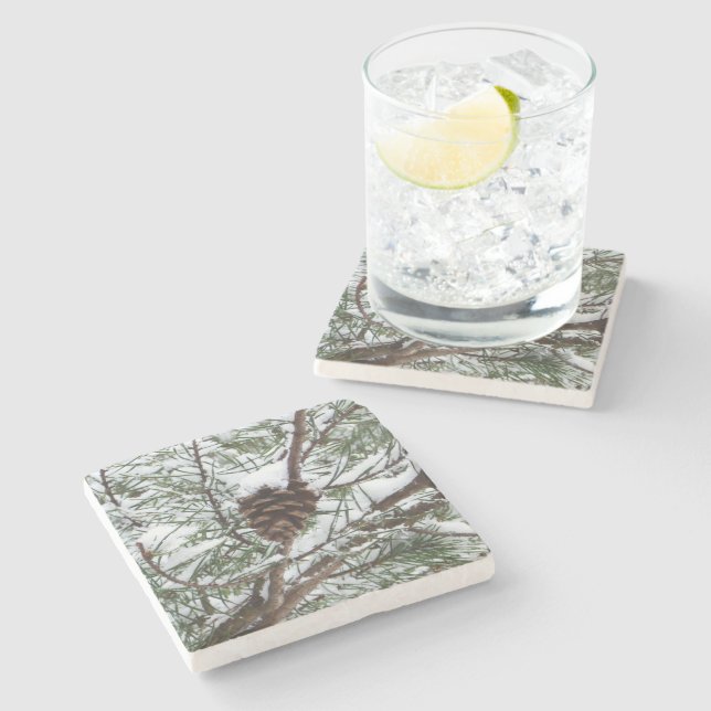 Snowy Pine Cone II Winter Nature Photography Stone Coaster (Side)