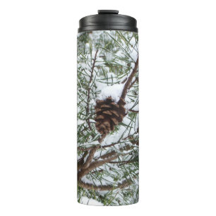 Snowy Pine Cone II Winter Nature Photography Thermal Tumbler
