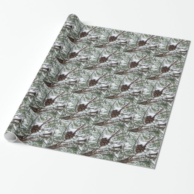 Snowy Pine Cone II Winter Nature Photography Wrapping Paper (Unrolled)