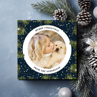 Snowy Pine Foliage Blue Christmas Photo Holiday Card