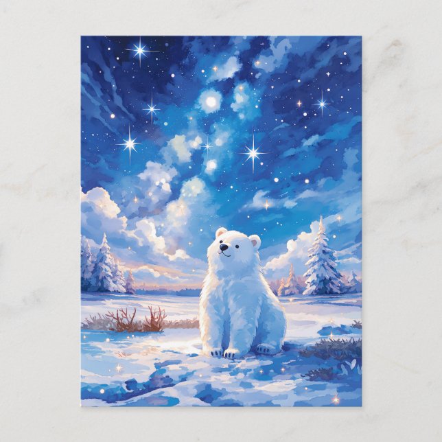 Snowy Pine Forest Polar Bear Winter Night Postcard (Front)