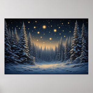 Snowy Pine Forest Under A Starry Night Sky ✨ Cosy  Poster