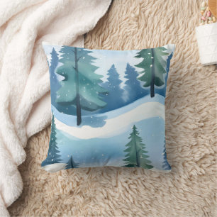 Snowy Pine Forest   Winter Watercolor Cushion