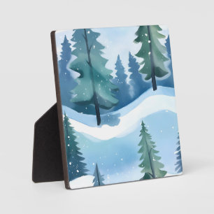 Snowy Pine Forest Winter Watercolor Plaque