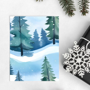 Snowy Pine Forest   Winter Watercolor Postcard