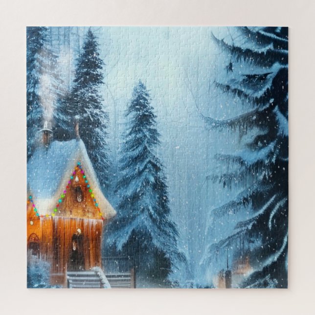 Snowy Pine Forest with Cabin 20x20 Puzzle (Vertical)