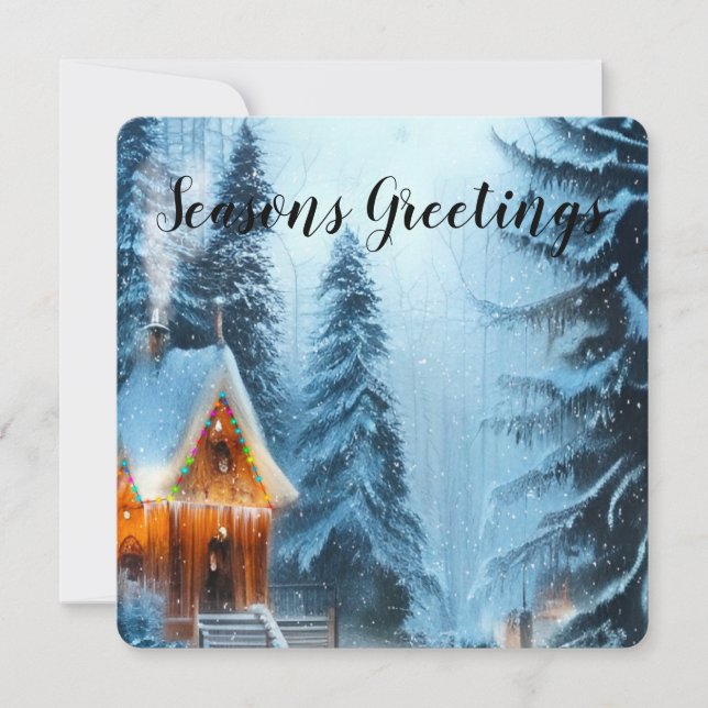 Snowy Pine Forest with Cabin 5x5 Christmas Cards  (Front)