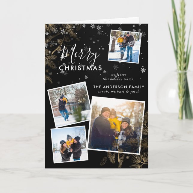 Snowy Pine Sprigs Christmas 4 Photo Collage Card (Front)