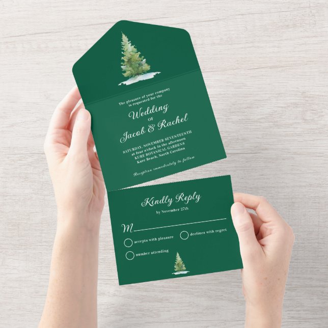 Snowy Pine Tree Dark Green Winter Wedding All In One Invitation (Tearaway)