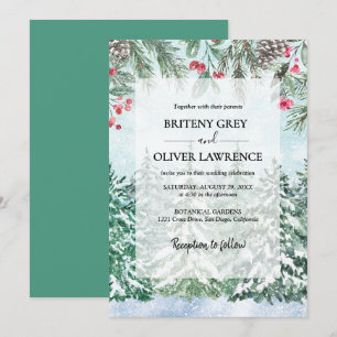 Snowy Pine Tree Forest Watercolor Themed Wedding Invitation