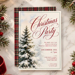 Snowy Pine Tree Red Script Tartan Plaid Party Invitation