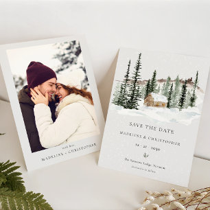 Snowy Pine Tree Winter Wedding Save the Date