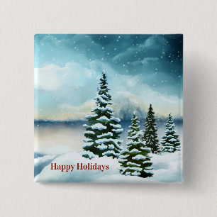 Snowy pine trees near a lake    15 cm square badge