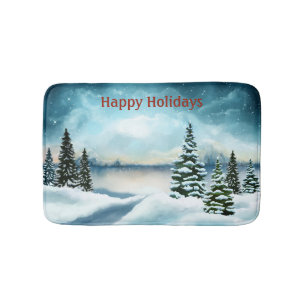 Snowy pine trees near a lake bath mat