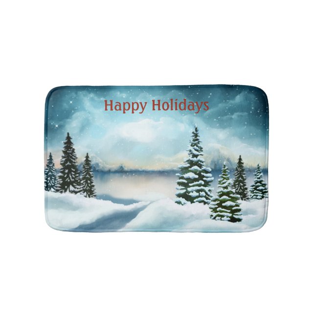 Snowy pine trees near a lake  bath mat (Front)