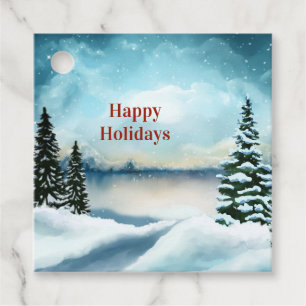 Snowy pine trees near a lake favour tags
