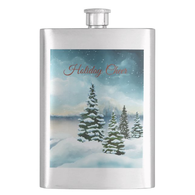 Snowy pine trees near a lake hip flask (Front)