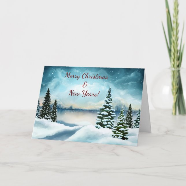 Snowy pine trees near a lake holiday card (Front)