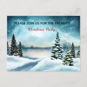Snowy pine trees near a lake invitation postcard
