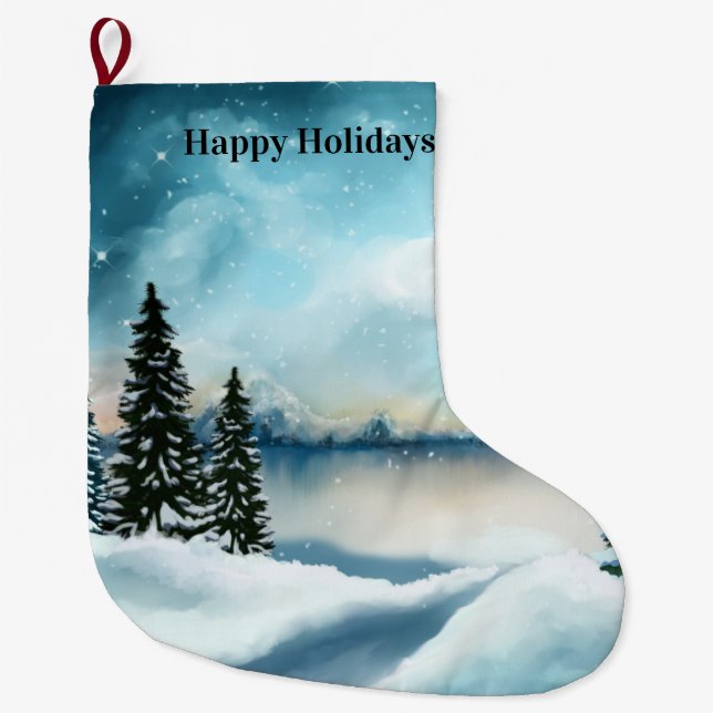 Snowy pine trees near a lake       large christmas stocking (Front)