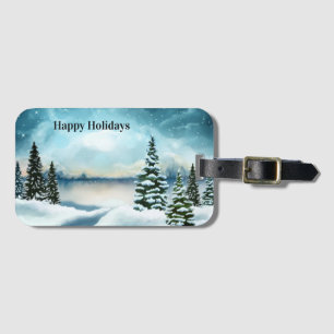 Snowy pine trees near a lake          luggage tag