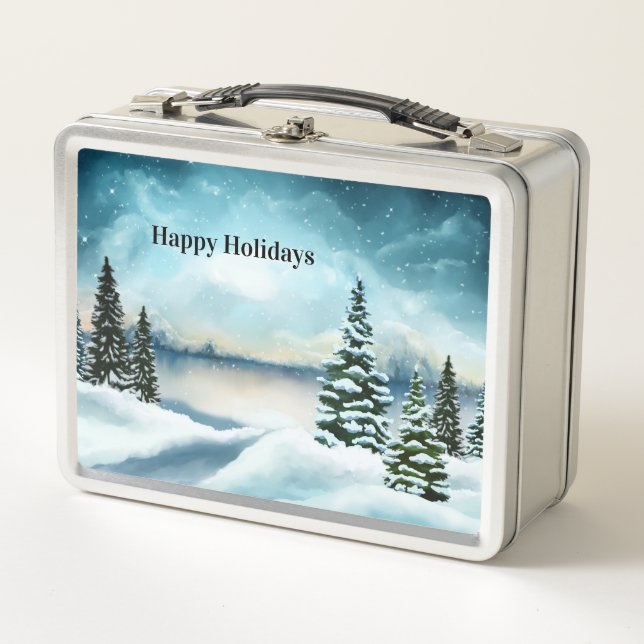 Snowy pine trees near a lake         metal lunch box (Front)