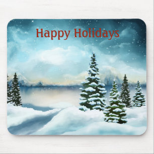Snowy pine trees near a lake mouse mat