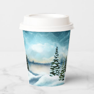 Snowy pine trees near a lake paper cups
