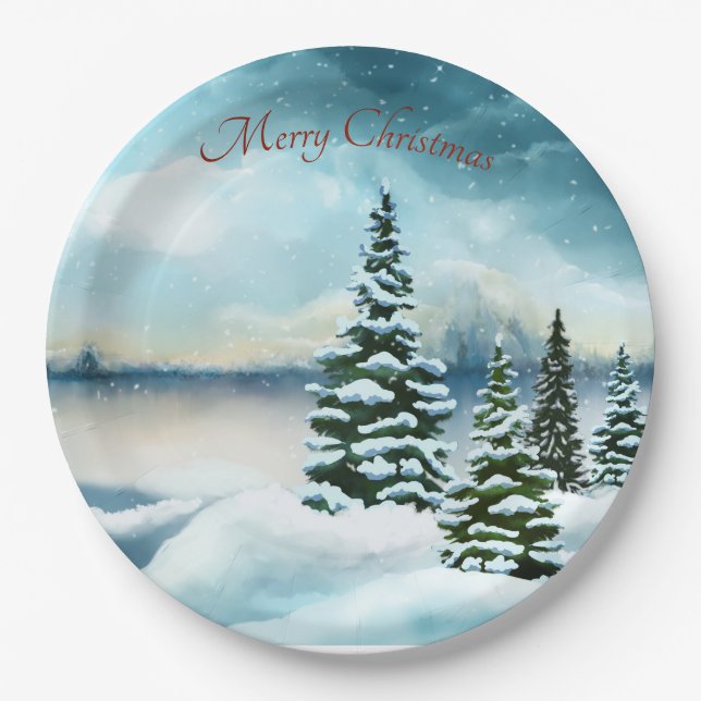 Snowy pine trees near a lake paper plate (Front)