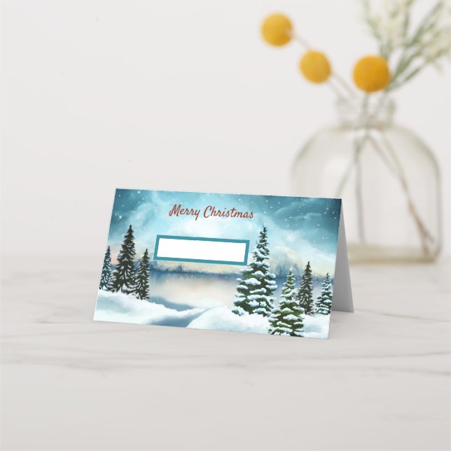 Snowy pine trees near a lake place card (Front)