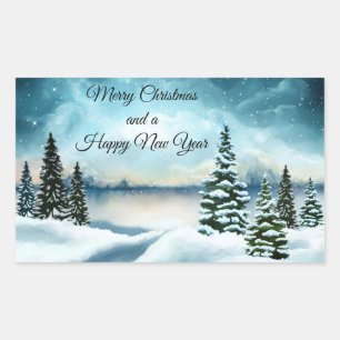 Snowy pine trees near a lake rectangular sticker