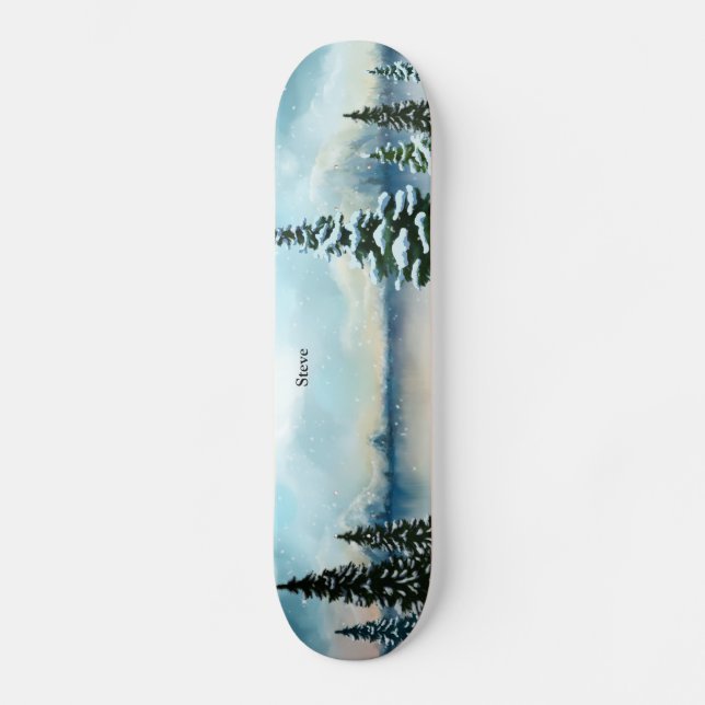 Snowy pine trees near a lake skateboard (Front)