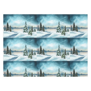 Snowy pine trees near a lake tablecloth