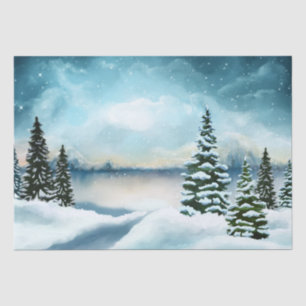 Snowy pine trees near a lake tissue paper