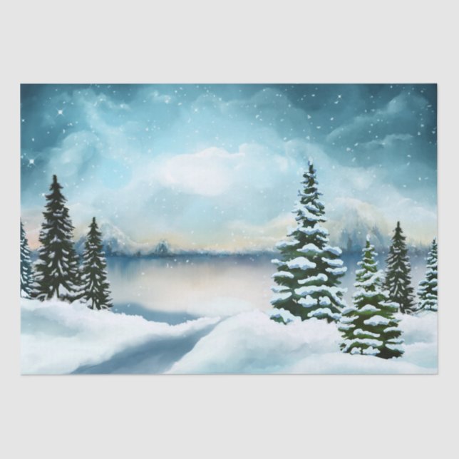 Snowy pine trees near a lake      tissue paper (Front)