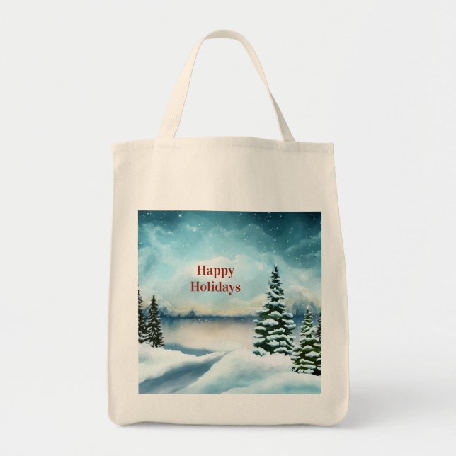 Snowy pine trees near a lake        tote bag (Front)