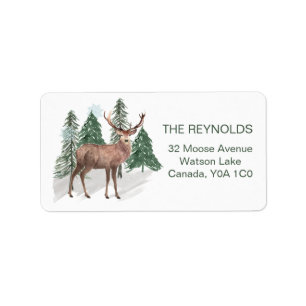 Snowy pine trees, Reindeer Return Address Label