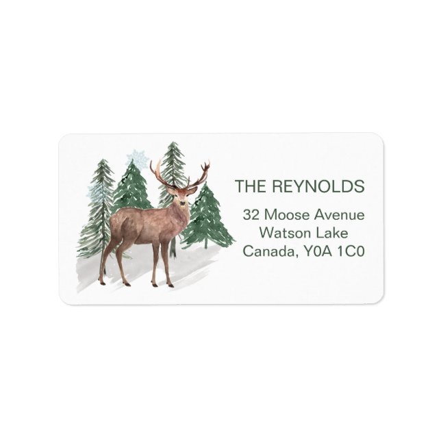 Snowy pine trees, Reindeer Return Address Label (Front)