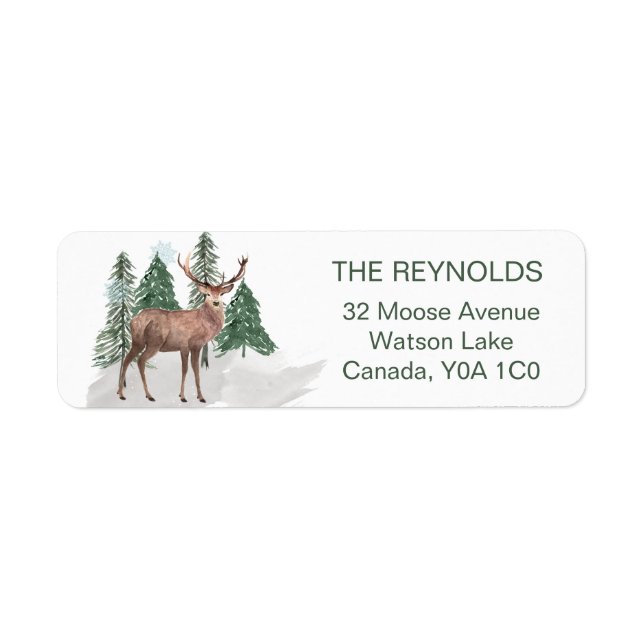 Snowy pine trees, Reindeer Return Address Label (Front)