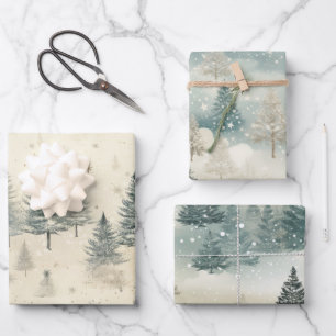 Snowy Pine Trees Vintage Watercolor Wrapping Paper Sheet
