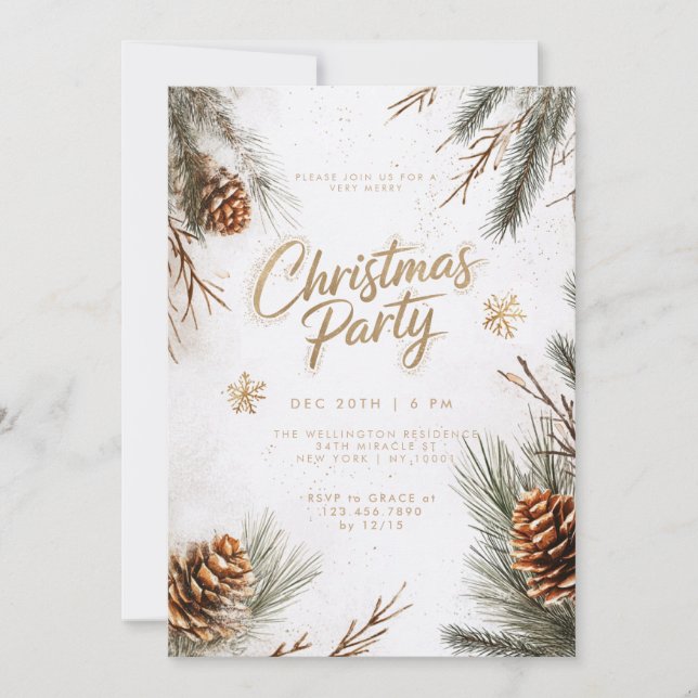 Snowy Pines Pinecones Snowflakes Gold Christmas Invitation (Front)