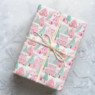 Snowy Pink and Green Christmas Gingerbread Town Wrapping Paper