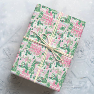 Snowy Pink and Green Christmas Houses Wrapping Paper