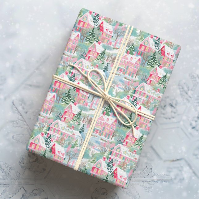 Snowy Pink Christmas Houses Wrapping Paper (Creator Uploaded)
