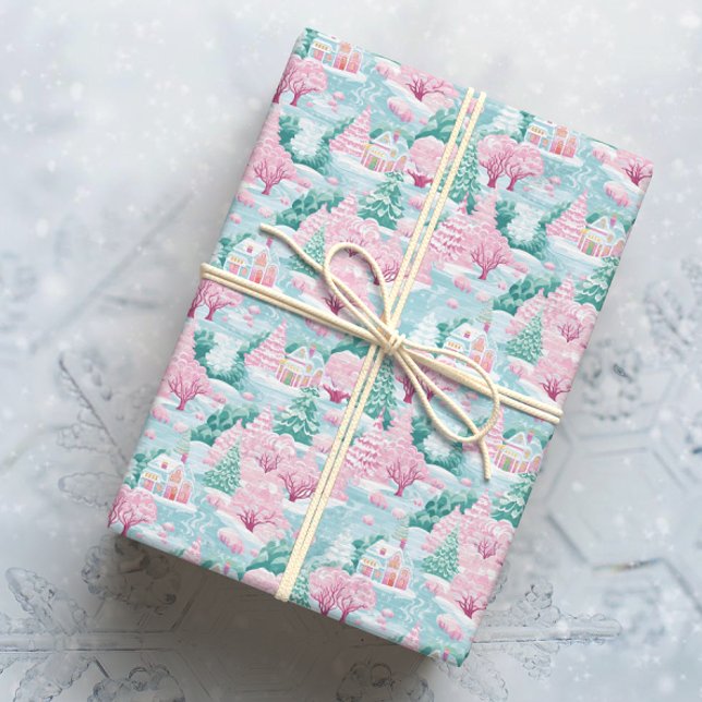Snowy Pink Christmas Houses Wrapping Paper (Creator Uploaded)