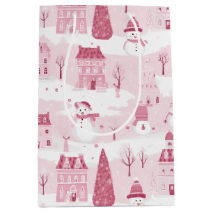 Snowy Pink Christmas Village Medium Gift Bag
