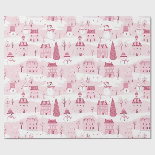 Snowy Pink Christmas Village  Wrapping Paper (Flat)